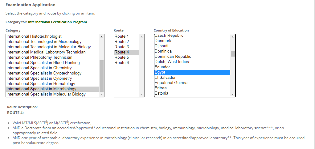 ASCP (BOC®) Exam application, Select Route?